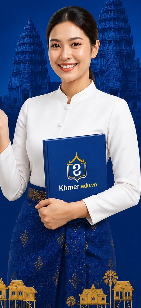 Hình minh hoạ cô gái Khmer cầm giáo trình Khmer.edu.vn